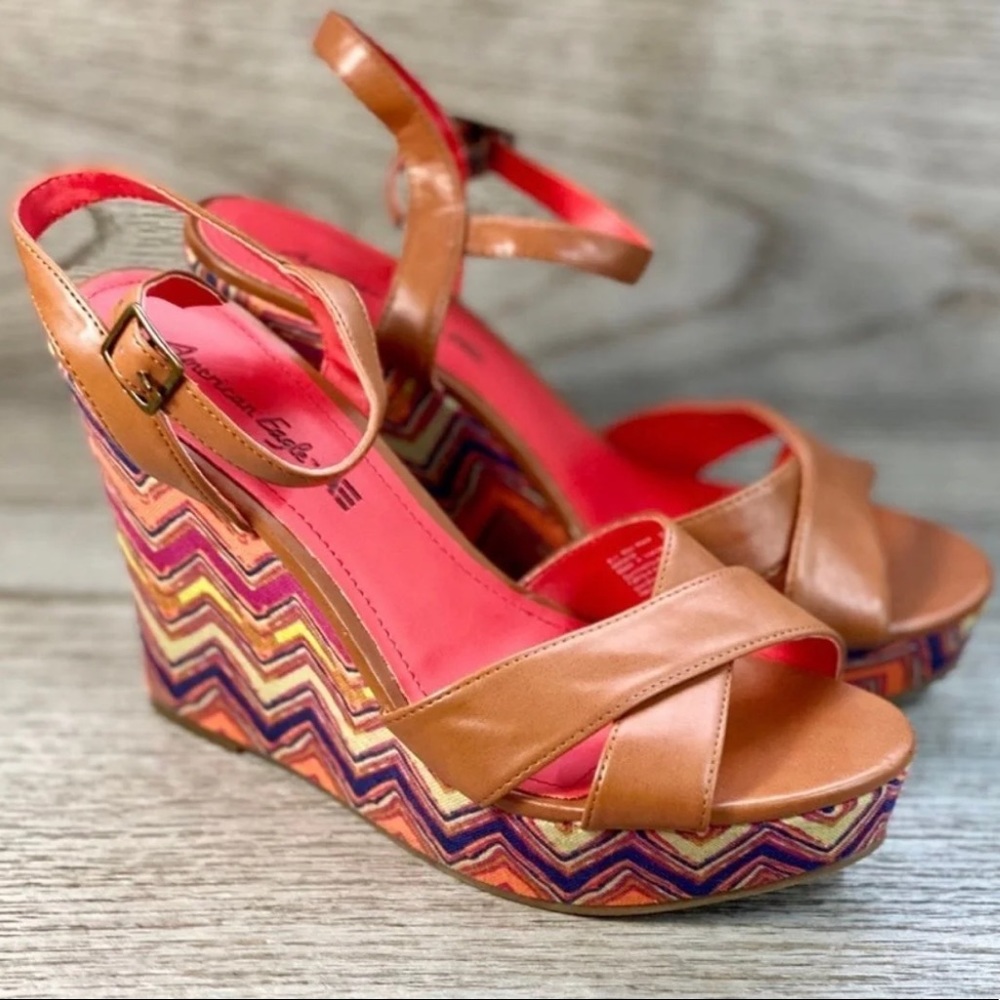 American Eagle Chevron & Leather Wedge Sandals